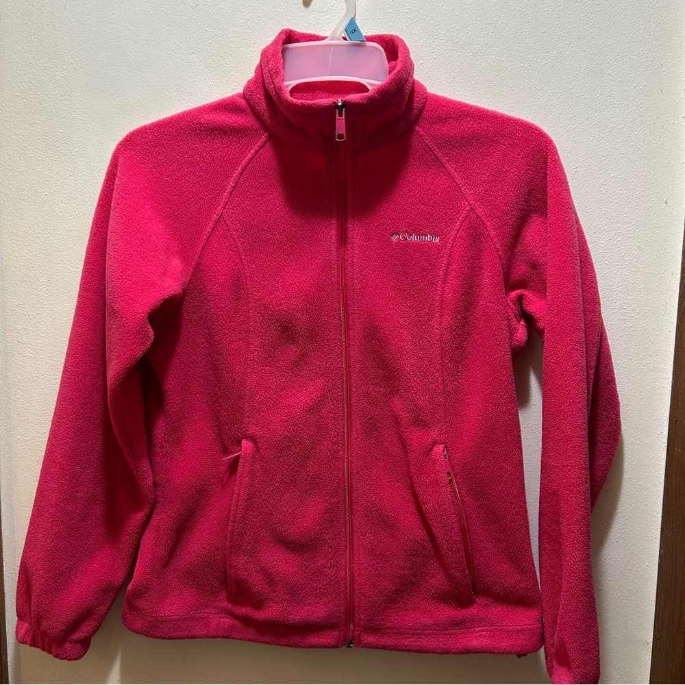 Columbia Fleece Mock Neck Zip Up Sweatshirt Womens S Pink Pockets Long Sleeve
